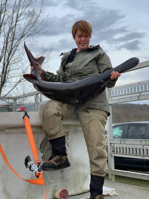 Woman in outdoor gear proudly holding a large fish, possibly a sturgeon, while standing on a boat dock. The background features trees and cloudy skies, indicating a fishing expedition.